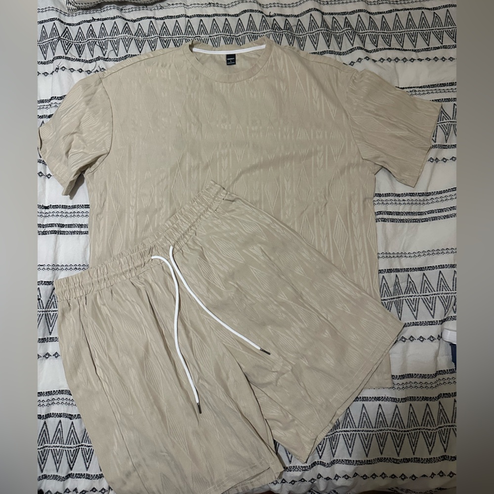 Beige Textured T-Shirt and Shorts Set